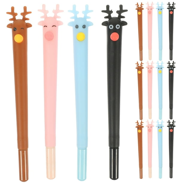 Bolígrafos de tinta azul de 16 piezas Bolígrafo en forma de ciervo navideño Lindo regalo de papelería para estudiantes (negro, marrón, azul y rosa)