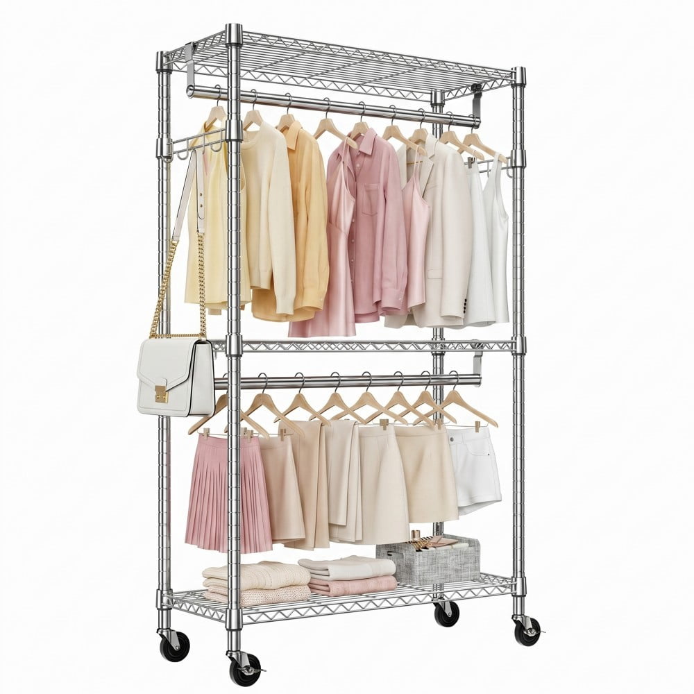 Heavy Duty Rolling Garment Rack, 3-Tier Adjustable Wire Shelving Clothes Rack with 2 Hanging Rods, Side Hooks & Lockable Wheels, Chrome