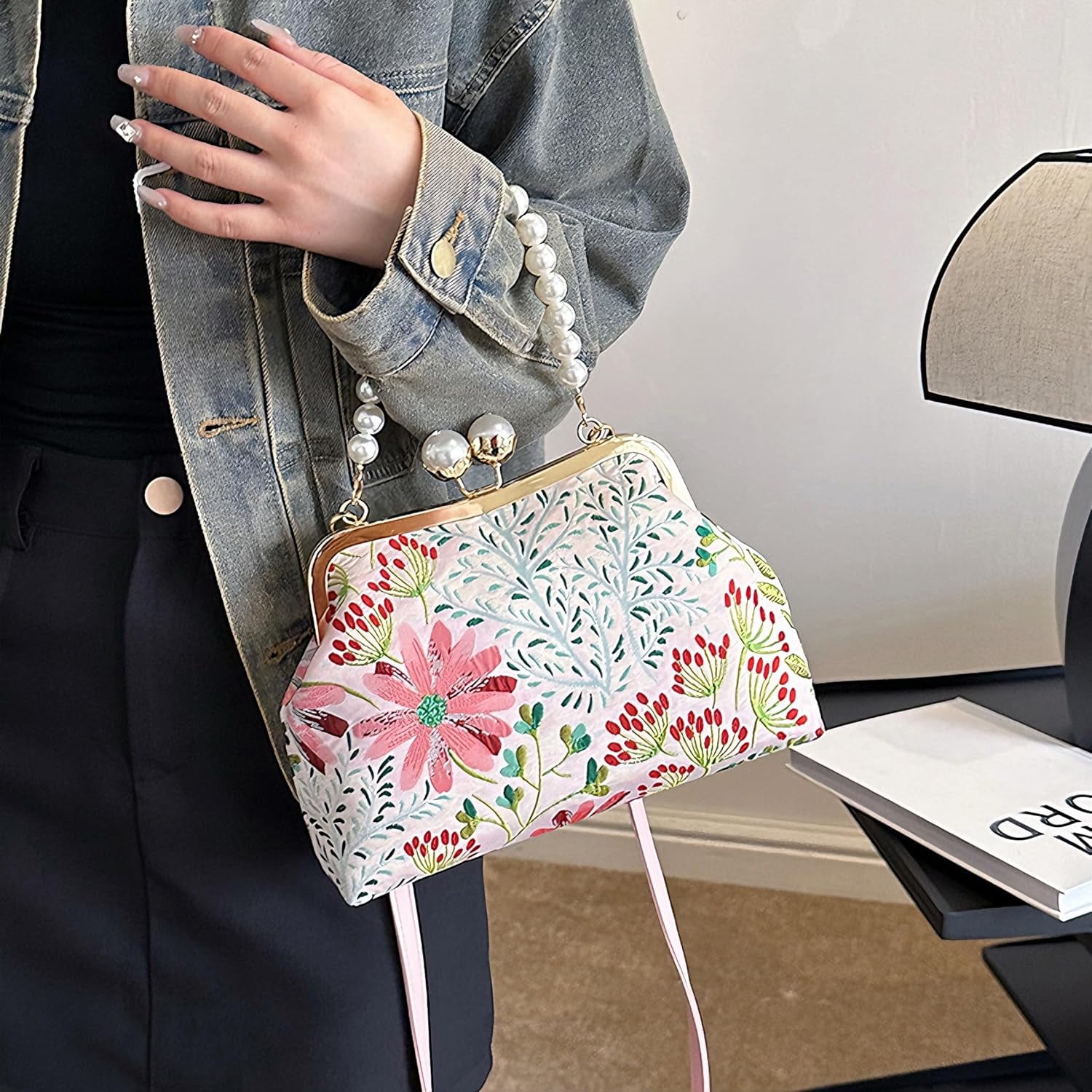 Women Vintage Floral Embroidered Top Handle Handbag Kiss Lock Elegant Clutch Purse Small Pearl Crossbody Bag