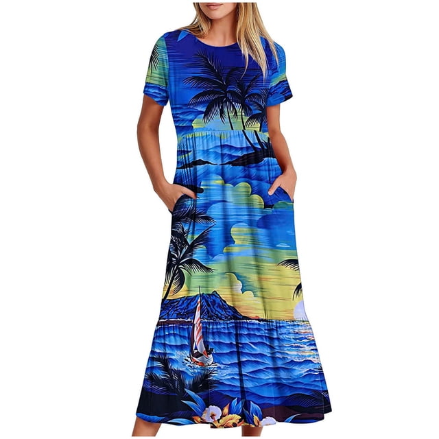 Jusqu'à 65 % de Réduction! Robes de Mode d'Été pour Femmes 2024 Grande Taille Manches Courtes Col Rond Robe Longue Ample Imprimée