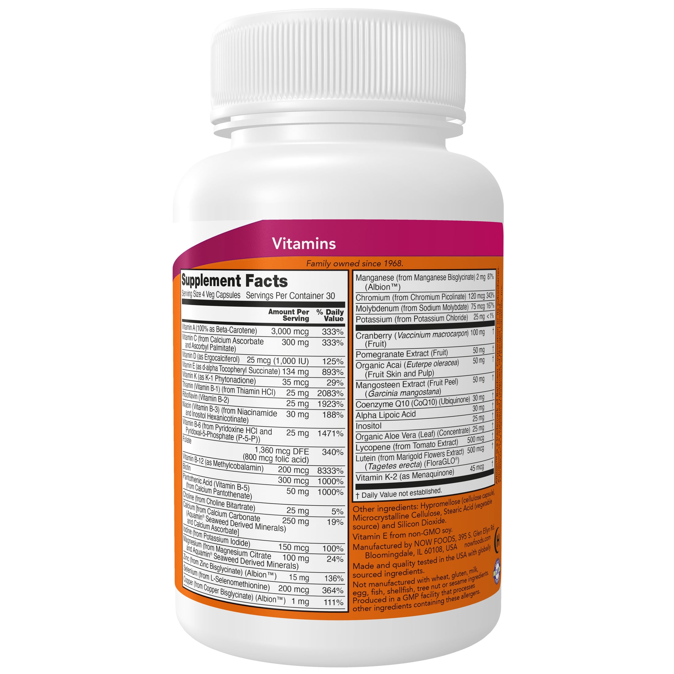NOW Supplements, Eve™ Women's Multivitamin with Cranberry, Alpha Lipoic Acid and CoQ10, plus Superfruits - Pomegranate, Acai & Mangosteen, Iron-Free, 120 Veg Capsules