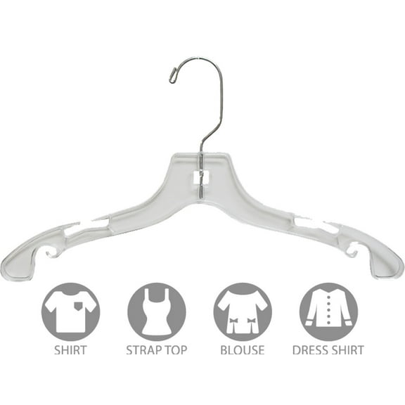 Clear Plastic Kids Top Hanger- Flat 14" Top Hangers with Notches and Chrome Swivel Hook, 100ct