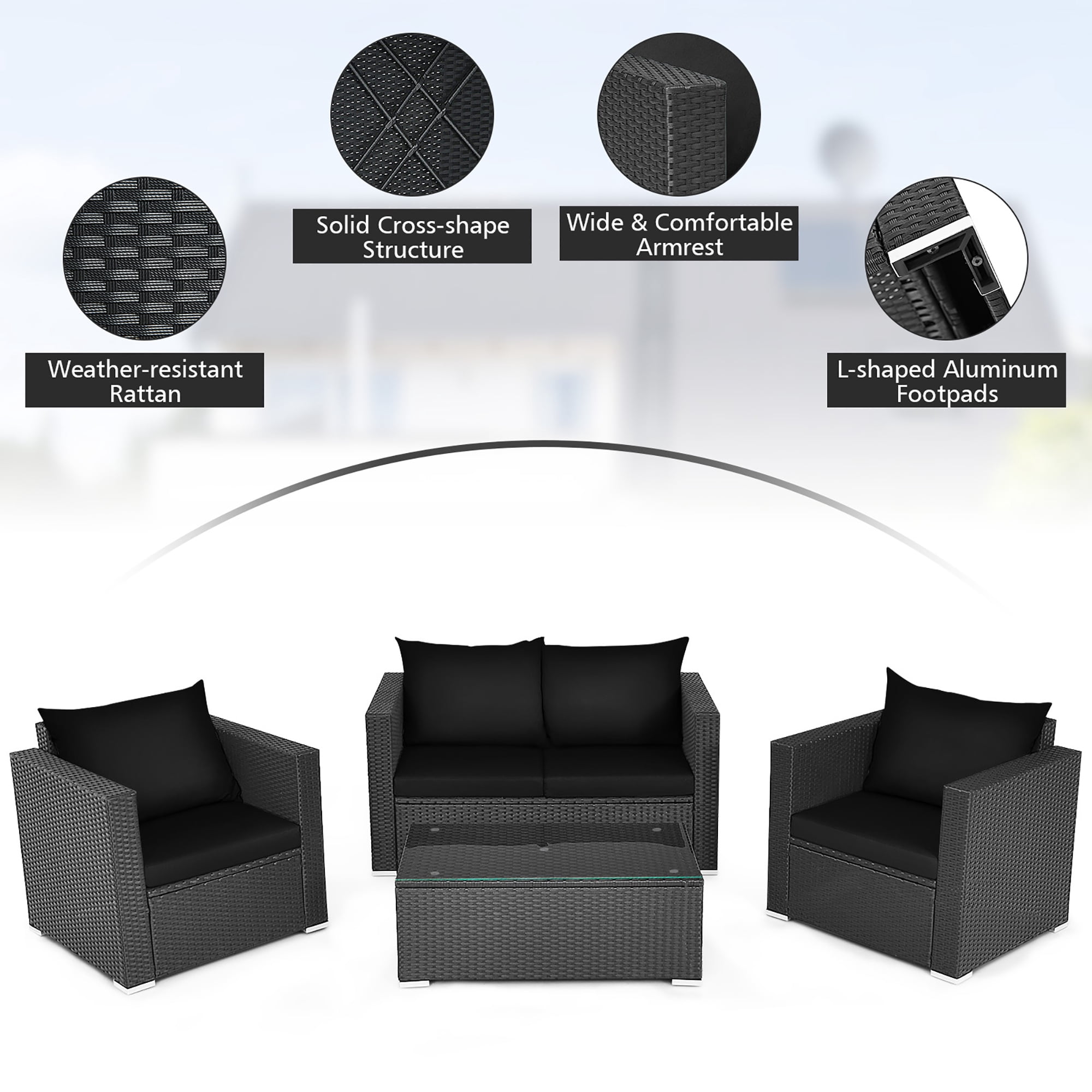 Costway 4PCS Patio Rattan Furniture Set Cushioned Sofa Chair Coffee Table Black