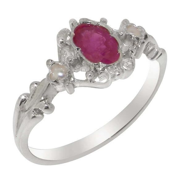 LBG British Made 925 Sterling Silver Natural Ruby & Cultured Pearl Womens Anniversary Ring - 33 size options - Size 7.5