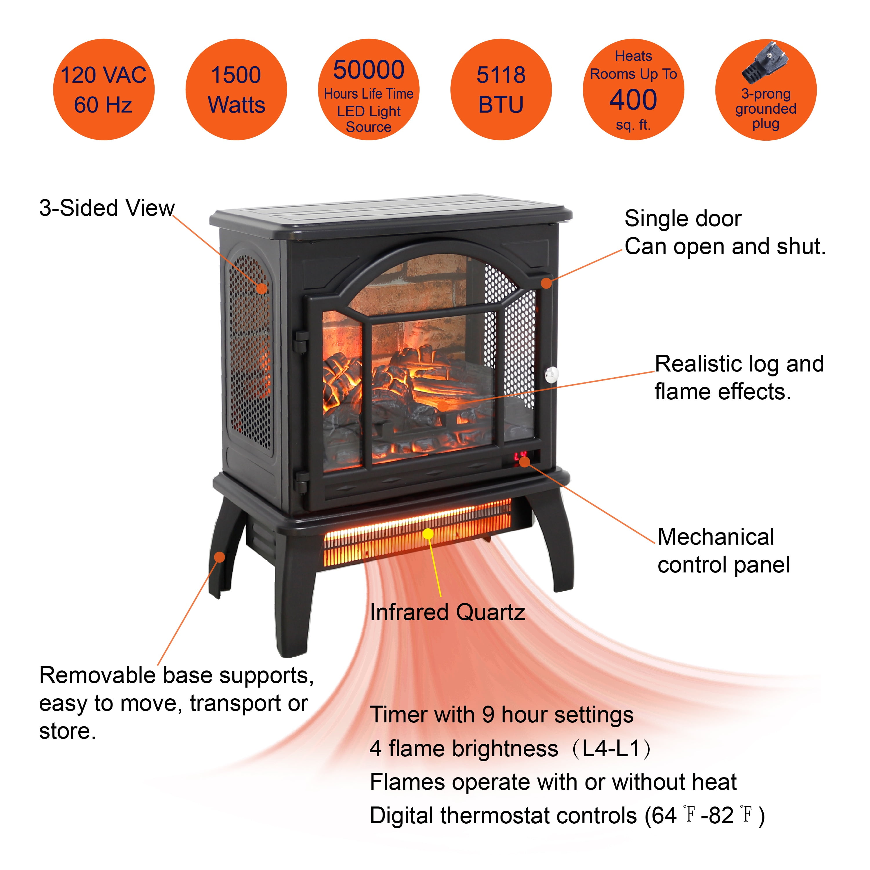 PAPROOS 18 inch Freestanding Electric Fireplace Heater, Quartz Fireplace Infrared Stove Heater with 3D Realistic Flame, Remote Control, Timer, Safety Heater for Indoor Use, 1500W, Antique Black