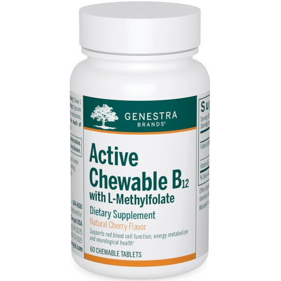 Genestra Brands Active Chewable B12 with L-Methylfolate | Chewable Vitamin B12 and Folate Supplement | 60 Chewable Tablets | Natural Cherry Flavor
