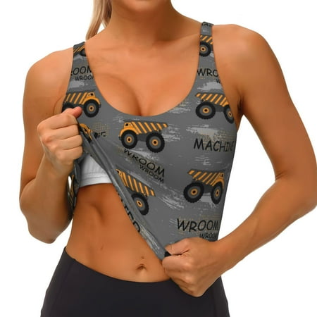 Qokaie Construction Machines Pattern Womens Scoop Neck Sports Bra Breathable Workout Vest Padded U Back Medium Impact Fitness Gym Yoga Bra Workout Crop Top