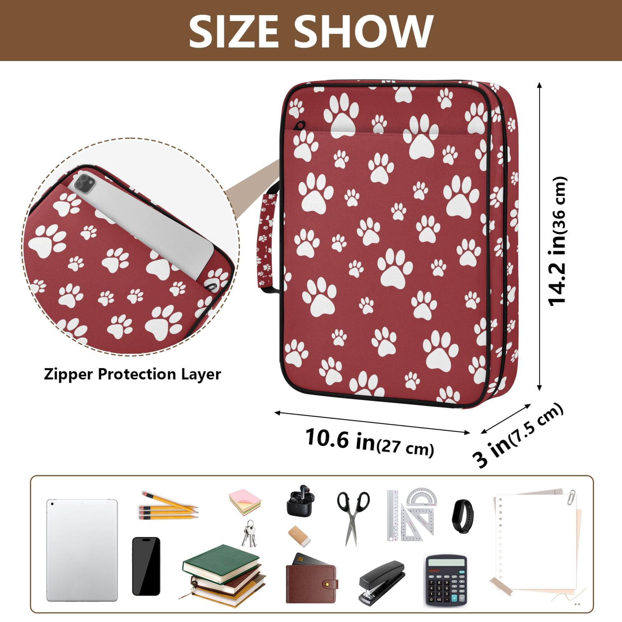 FORMRS Accordion File Folder A4 Size 7-Pocket Expanding Document Organizer Bag with 3 Ring Binder, Red Cartoon Paws Pattern