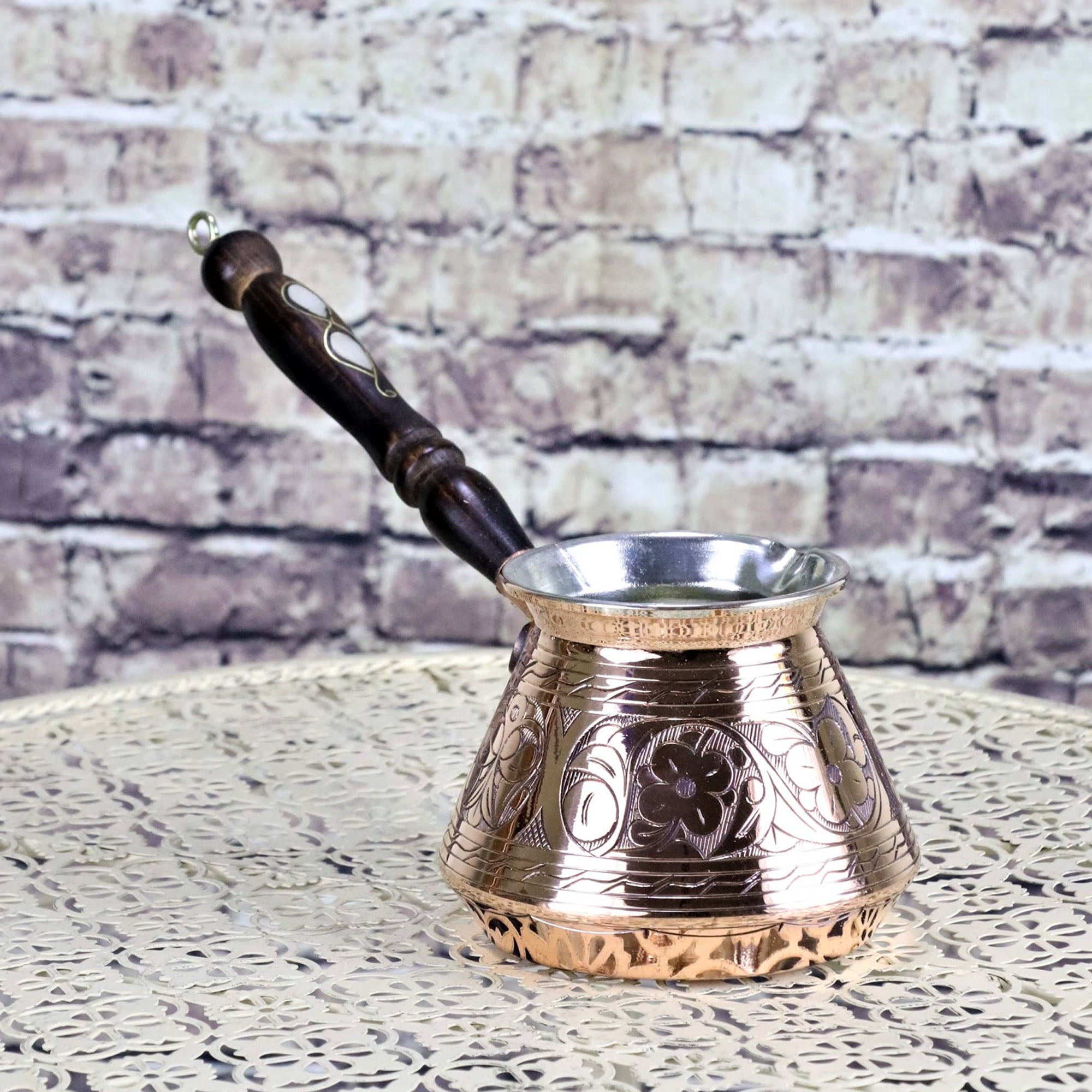 Hakan Turkish Hammered Copper Coffee Pot, Handmade Arabic Greek Vintage Stove Top Coffee Maker with Brass Handle, Antique Butter Warmer Jazva Briki