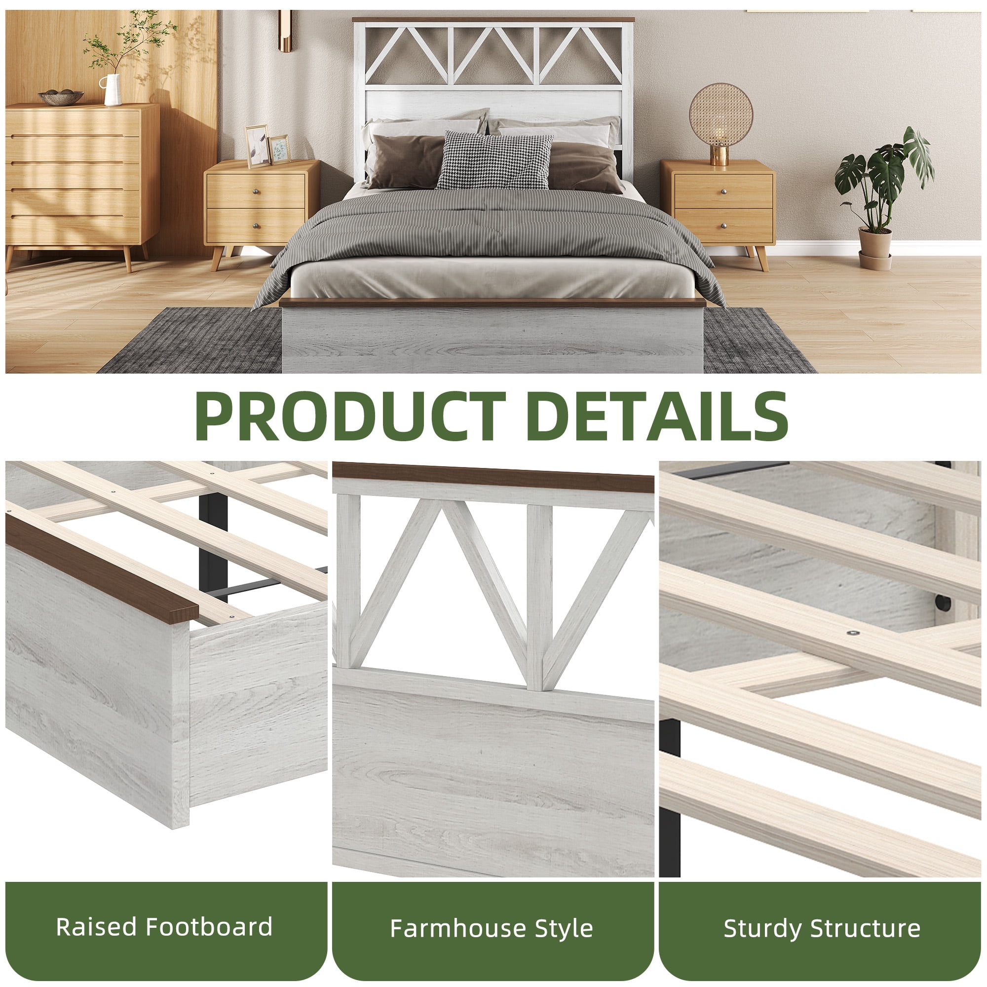Uforic Full-Size Bed Frame with V-Pattern Headboard, Noiseless Slats, No Box Spring Needed, Washed Gray