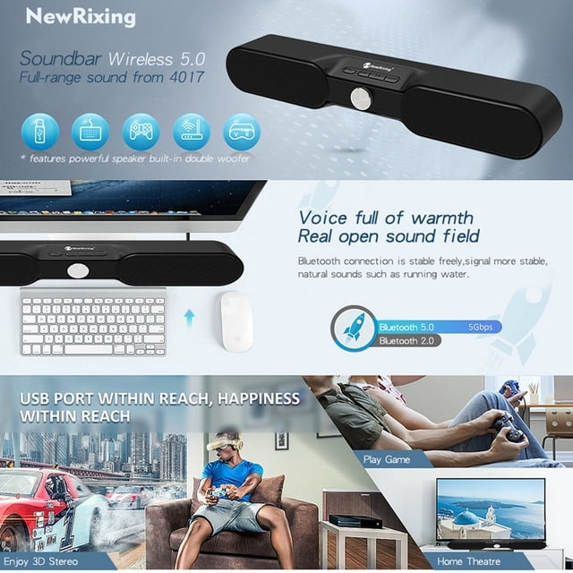 Altavoz Bluetooth, barra de sonido estéreo de 10 W con micrófono, 1800 mAh