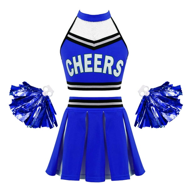 DPOIS Girls Cheerleading Uniform Costume Crop Top Pleated Skirt Pom