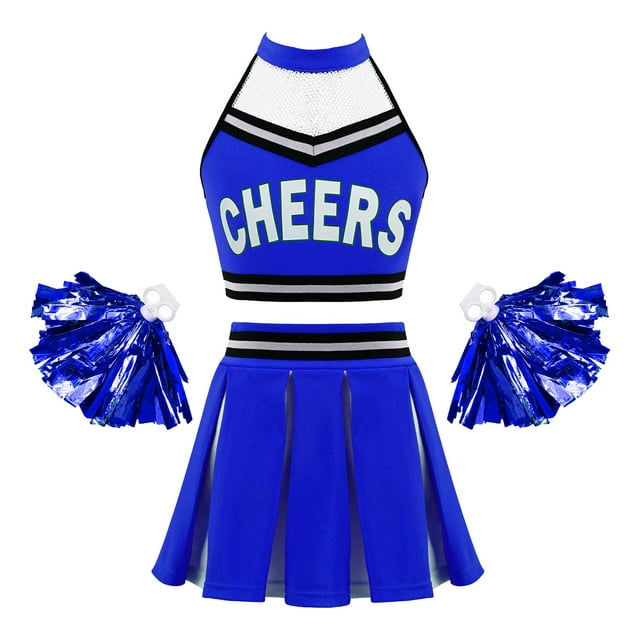 YUUMIN Costumes de Cheerleading pour Filles, Crop Top avec Jupe Pompon Uniforme Lycée Bleu Royal D 8