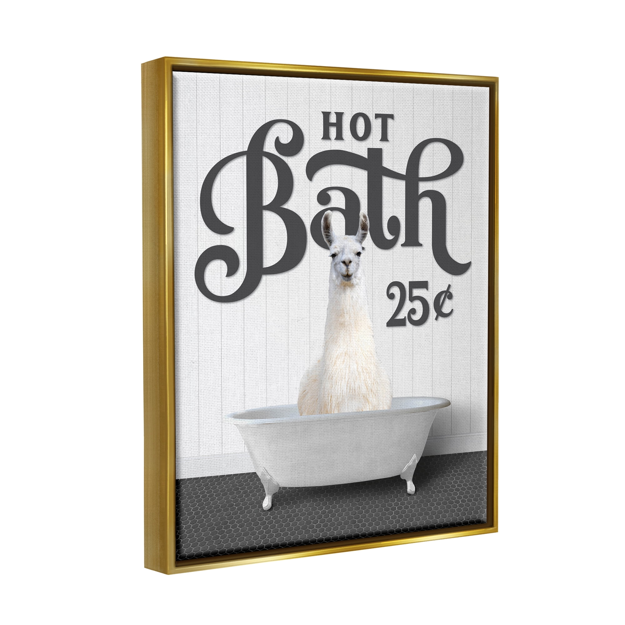 Stupell Industries Hot Bath Llama Sign Animals & Insects Painting Gold Floater Framed Art Print Wall Art, 25 x 31