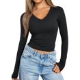thumbnail image 4 of Long Sleeve Shirts for Women Fall Fashion V Neck Basics Crop Tops Slim Fitted Y2K Tops Outfits Clothes Black S, 4 of 9