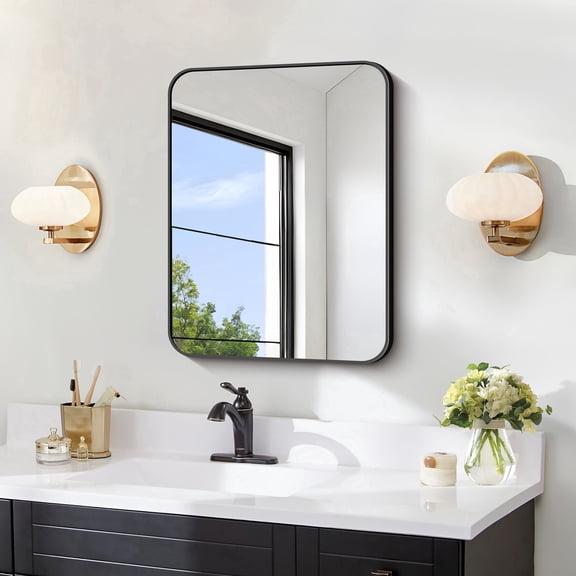 VONIGEE Bathroom Mirror for Over Sink 18x24 Inch Black, Rectanglar Wall Mirror with Metal Frame, Rounded Corners for Bathroom, Bedroom, Entryway Decor (Horizontal or
