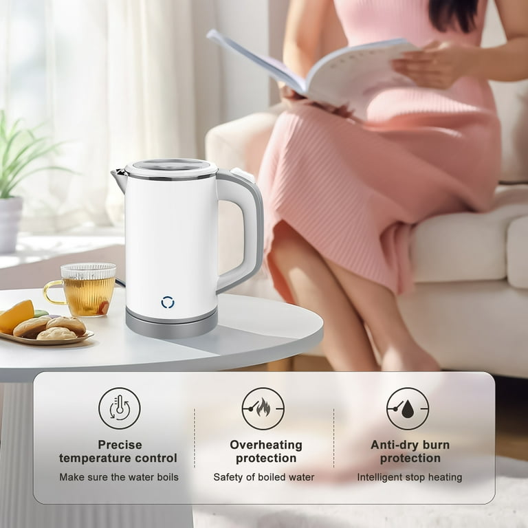 Small Kettle Electric, 0.8L Double Wall Portable Travel Kettle with 304  Stainless Steel, 600W Mini Hot Water Boiler with Auto Shut-off, Fast Boil