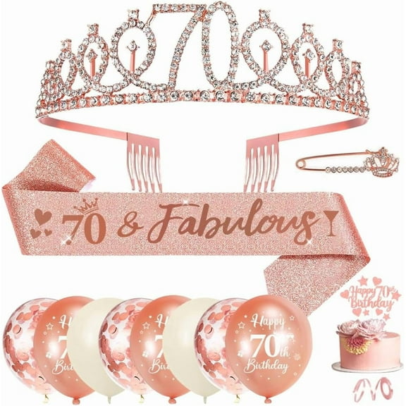 Birthday Crown Sash Women,Rose Gold Birthday Crown Tiara Rhinestone Headband Rose Gold Balloons Cake Topper for 70th Birthday Party Decorations Women
