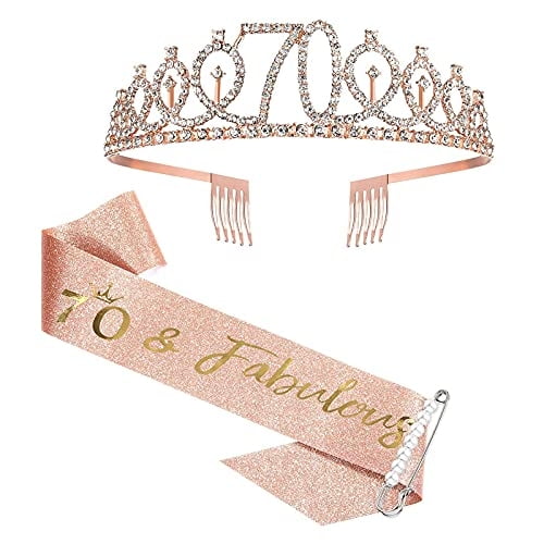 Set de banda y tiara para cumpleaños BRT Bearingshui número 70 mujer oro rosa