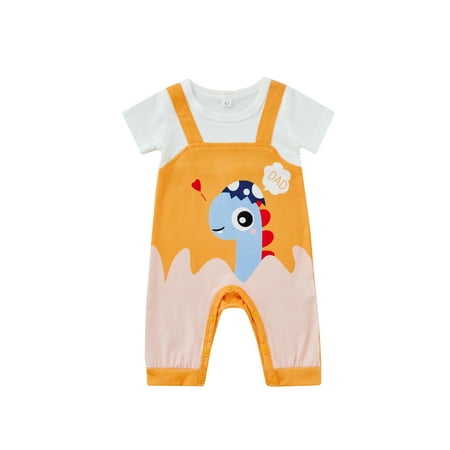 

TFFR Newborn Baby Fake Two-Pieces Style Romper Short Sleeve Cartoon Pattern Round Neck Patchwork Jumpsuit Casual Simple Overalls