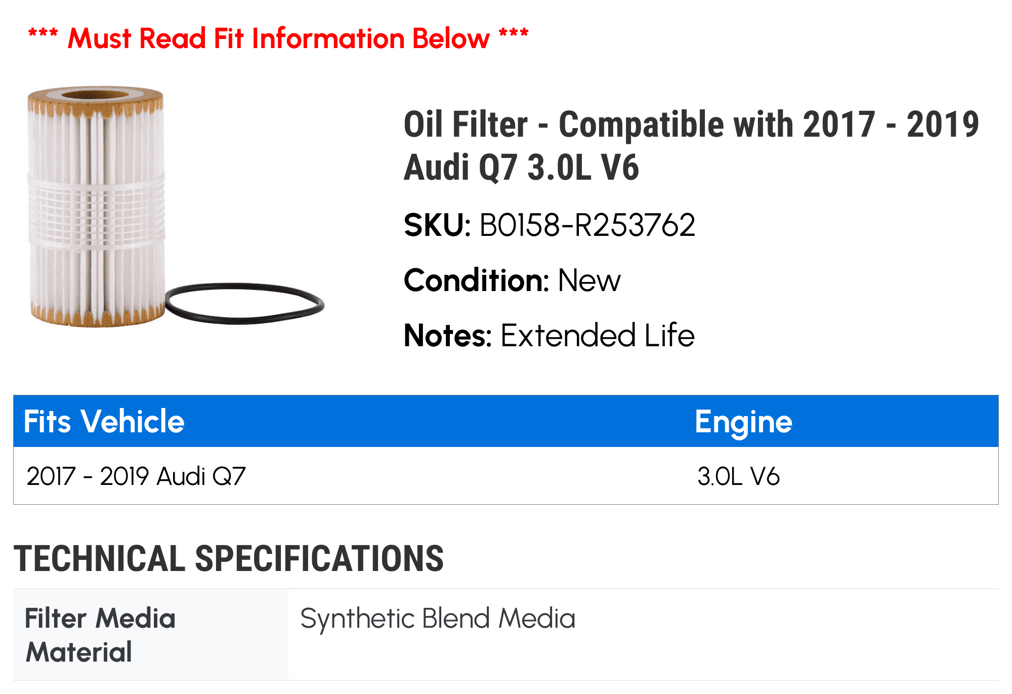 Oil Filter - Compatible with 2017 - 2019 Audi Q7 3.0L V6 2018