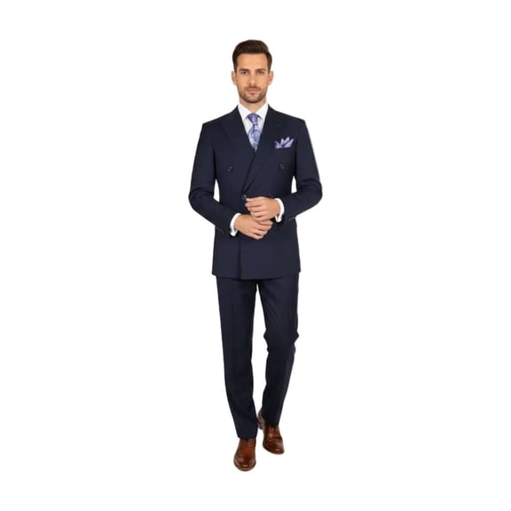 Men Apollo King Double Breasted Suit Classic Peak Lapel Pleated DM22 Navy Blue
