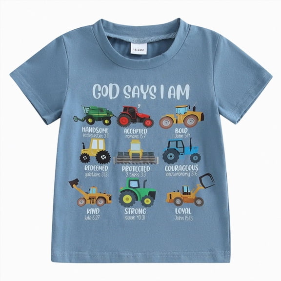 Xudanell Kids Toddler Little Boys T-Shirt God Says I Am Construction Bible Verse Truck Excavator Tractor Shirt