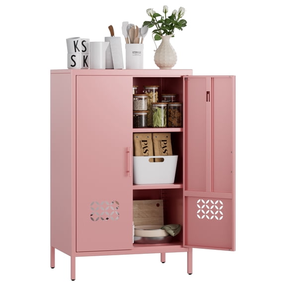 AOBABO Metal Storage Cabinet with Adjustable Shelves,Metal Buffet Sideboard with 2 Doors for Kitchen,Home,Office,Pink