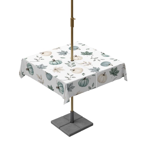 Outdoor Tablecloth with Umbrella Hole, Thanksgiving Pumpkin Maple Leaves Seamless Zippered Table Cloth for Rectangle Tables, Blue White Washable Waterproof Tablecloths for Picnic Patio Garden