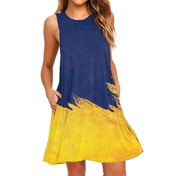 ICHUANYI Clearance Women's Casual Printed Pocket Sleeveless Round Neck Dress(Navy, M) ICHUANYI WER2023081015921