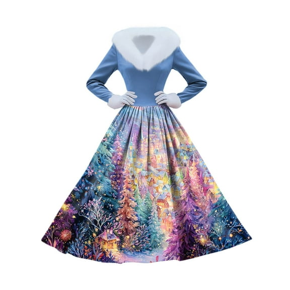 Women's Casual Dress Long-Sleeve V-Neck Patchwork Fleece Christmas Print Dress, Holiday Print, Plush Material, Retro Style, Party Wear, Comfort,Blue,XL