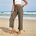 thumbnail image 5 of Linen Pants for Women Petite Wide Leg Baggy Elastic Waist Flowy Palazzo Casual Pants with Pockets Beach Travel Trousers Pull On Khaki L, 5 of 6