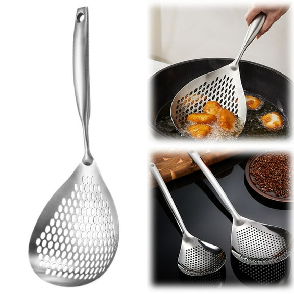 Skimmer Slotted Spoon, 14.8 Inch Large Stainless Steel Skimmer Ladle Spoon Spider Strainer with Handle and Hanging Holes, Fryer Scoop Kitchen Colander for Cooking, Draining and Frying