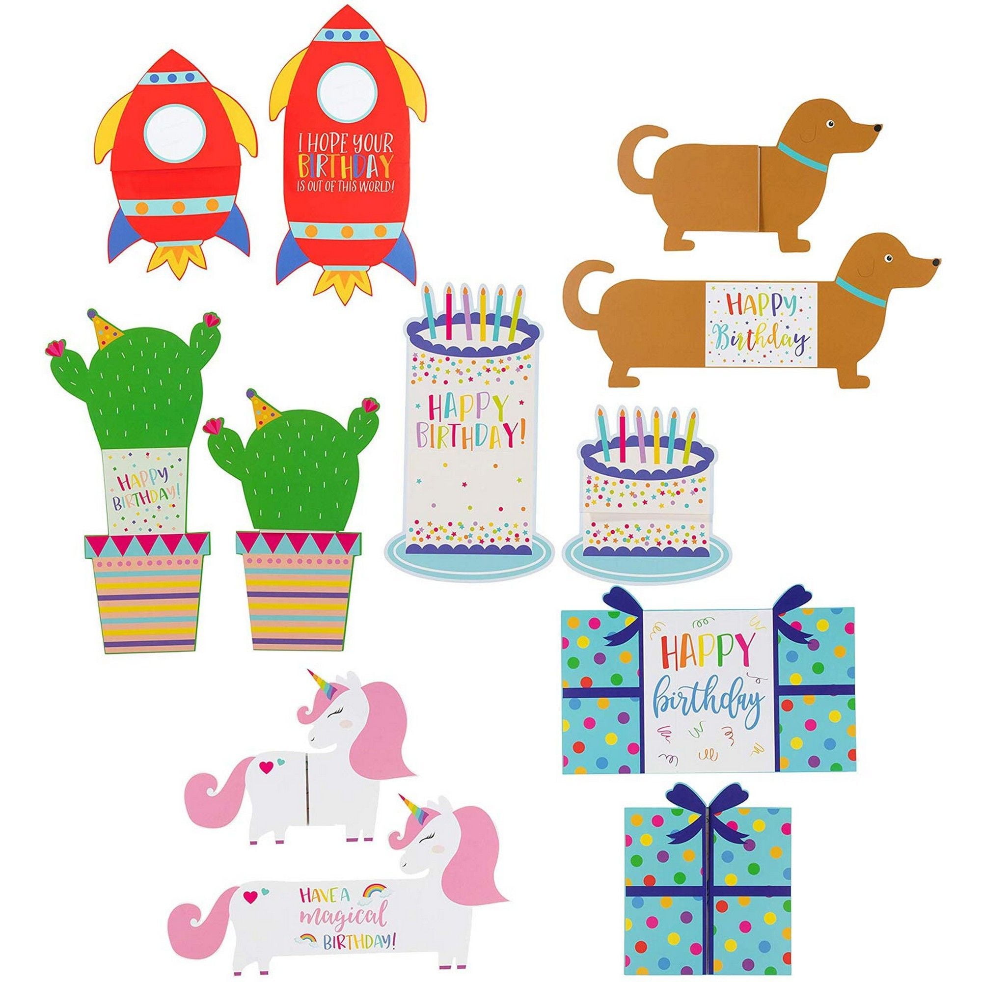 24 Pack Cute Happy Birthday Cards for Kids, Die Cut Dog Unicorn Rocket Cactus Card with Envelopes, Tri Fold