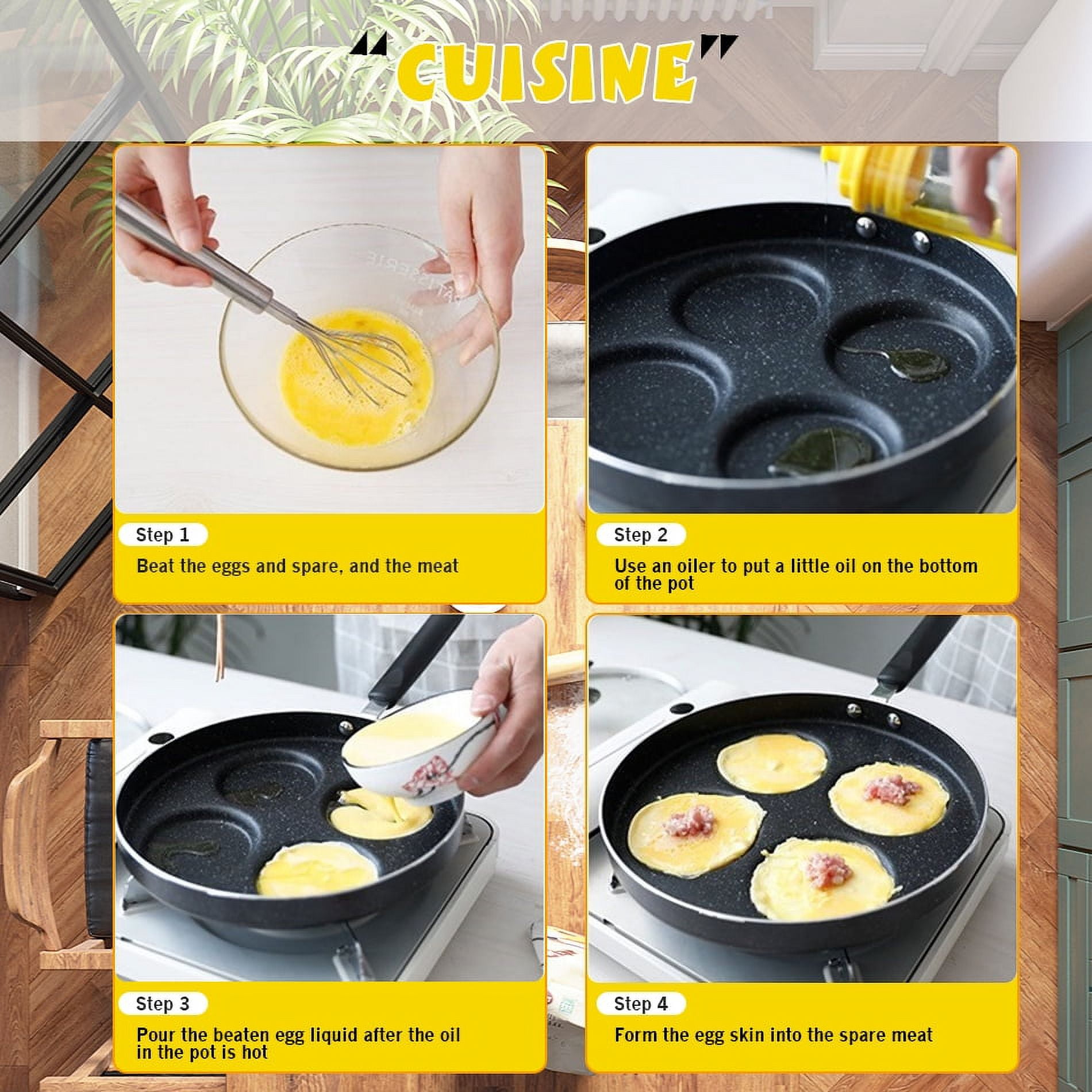 APPO 4 Hole Egg Pan, Non-Stick Pan with Wooden Handle, Work with Open Flame  and Gas Stove, Suitable for Egg Burger, Grey Black, 15''L x 7.36'' W, each