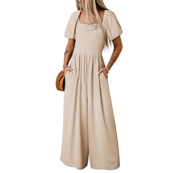 Women's Apricot Smocked Wide Leg Jumpsuit – Effortless Summer Style for Daily Wear, XXL