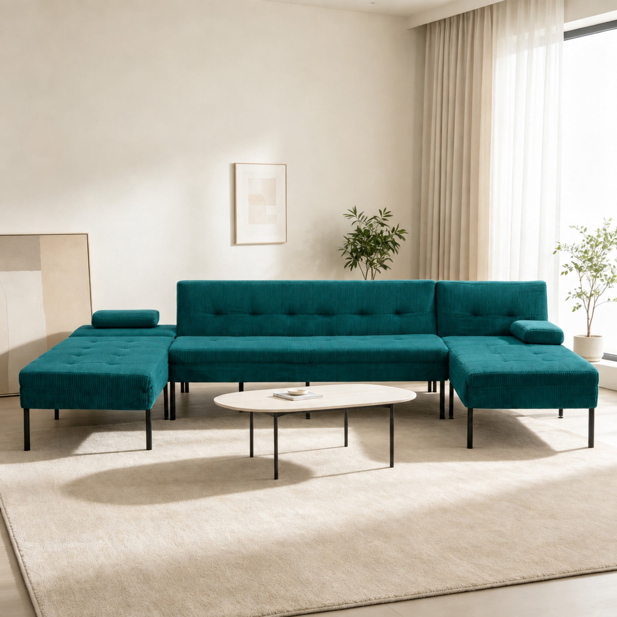 BSHTI 117.13" Soft Corduroy U-Shaped Sectional Sofa Bed with 5-Position Backrest, Comfy Couch for Living Room（Green）