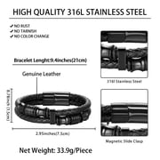Jewmon Double Row Braided Leather Bracelet Stainless Steel Mens Bracelet Wrist Cuff Bangle Gift Box