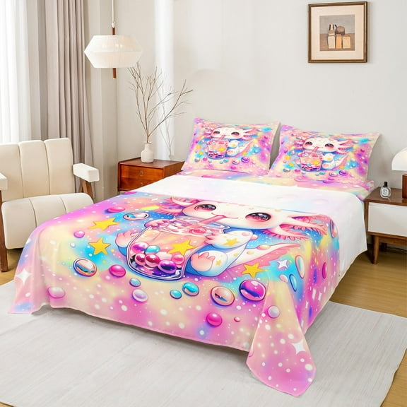 Manfei 3D Kawaii Axolotl Twin Sheet Sets for Teens, Boba Milk Tea Twin Fitted Sheet, Mystic Stars Galaxy Flat Sheet, Super Cozy Room Decor, 3-Piece