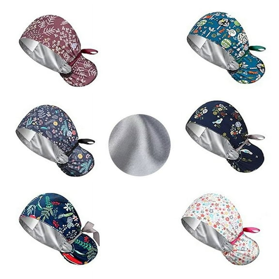 6Pcs Satin Lined Scrub Caps Women, Surgical Caps for Women, Bouffant Caps with Button and Sweatband, Adjustable Working Hat with Ponytail, Elastic Bandage Tie Back Hats, Nurse Caps for Women Men