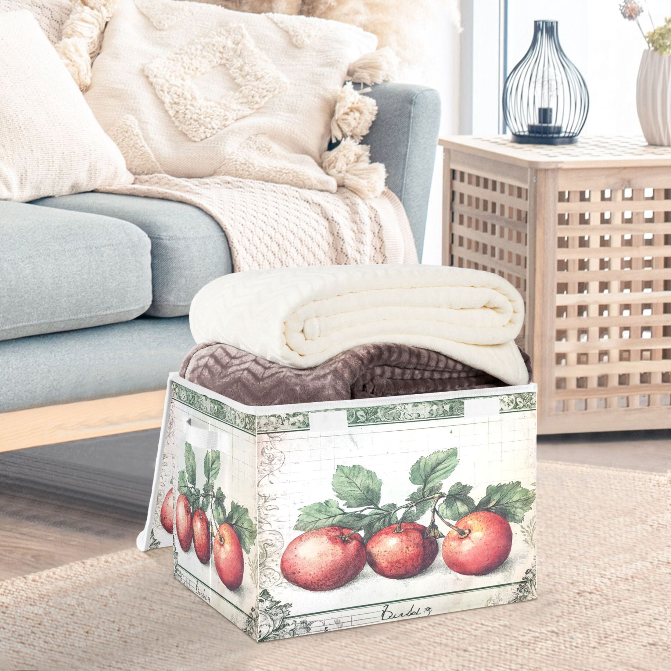 WOBOGO Red Fruit Picture Large Collapsible Storage Box Flip Lid Fabric Decorative Organizer Container Basket with Handles 16.5×12.6×11.8in
