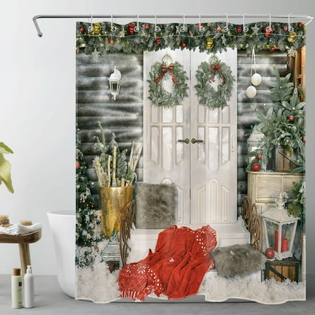 HVEST Merry Christmas Shower Curtain,Farmhouse Decorated with Christmas Wreath and Colorful Christmas Balls Bathroom Shower Curtain Polyester Fabric Decor Curtain with Hooks, 60X72 inch