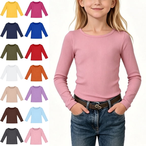 NAISIBABY Girls T-Shirts Size 8, Long Sleeve Ribbed Crew Neck School Uniform Basic Tee Pink
