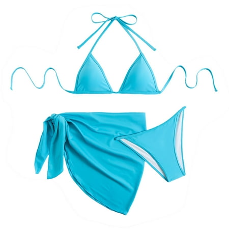 Arnsht Women s Summer Solid Color Beach Vacation Bikini 3 Piece High Waisted Bikini Set Swimsuit Bathing with Cover Up Sky Blue L