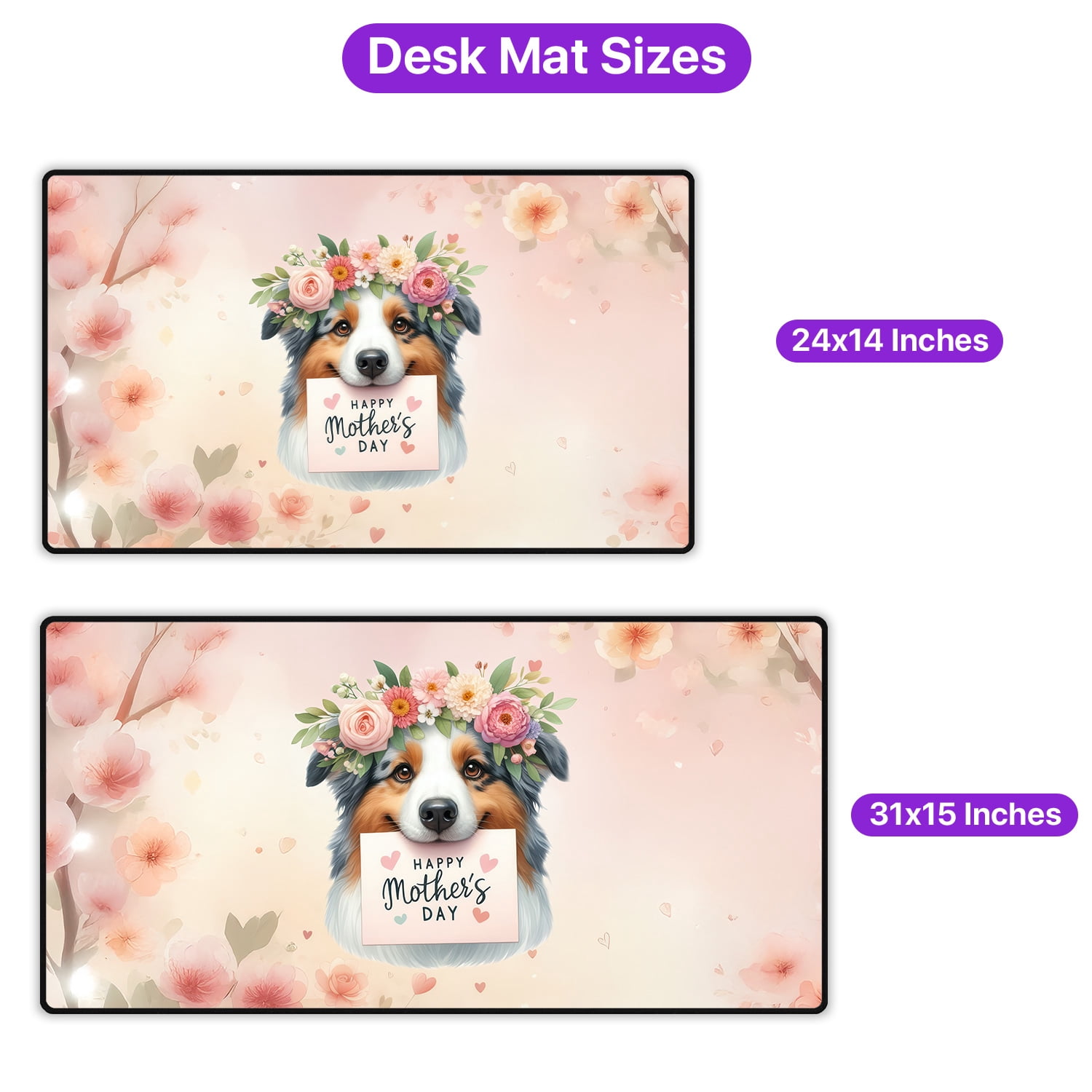 Happy Mother's Day Australian Shepherd with Flower Crown and Greeting Card Desk Mat Full Keyboard Mouse Pad Aussie Dog Lover Gifts Large Mousepad - 13004