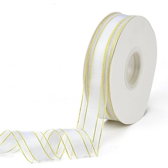 50 Yards 1 Inch White Organza Ribbon Gold Edge Ribbon Snow Sheer Transparent Soft Smooth Mesh Voile Fabric Ribbons Rolls with Spool