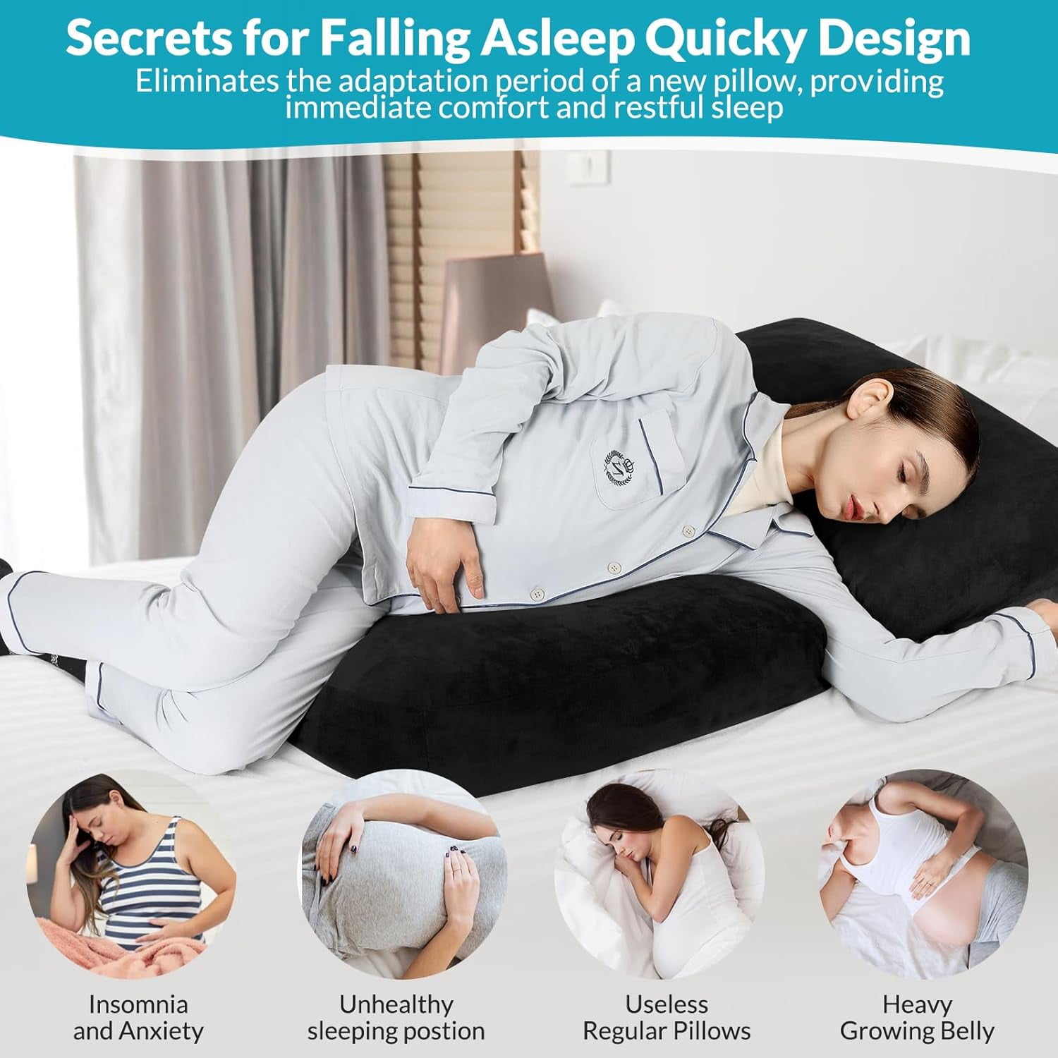 Pregnancy Pillows for Sleeping, 45.3 Inch Pregnancy Massage Pillow Full Body Pillow with Removable Cover - Support for Back, Legs, Belly, HIPS for Pregnant Women(Black)