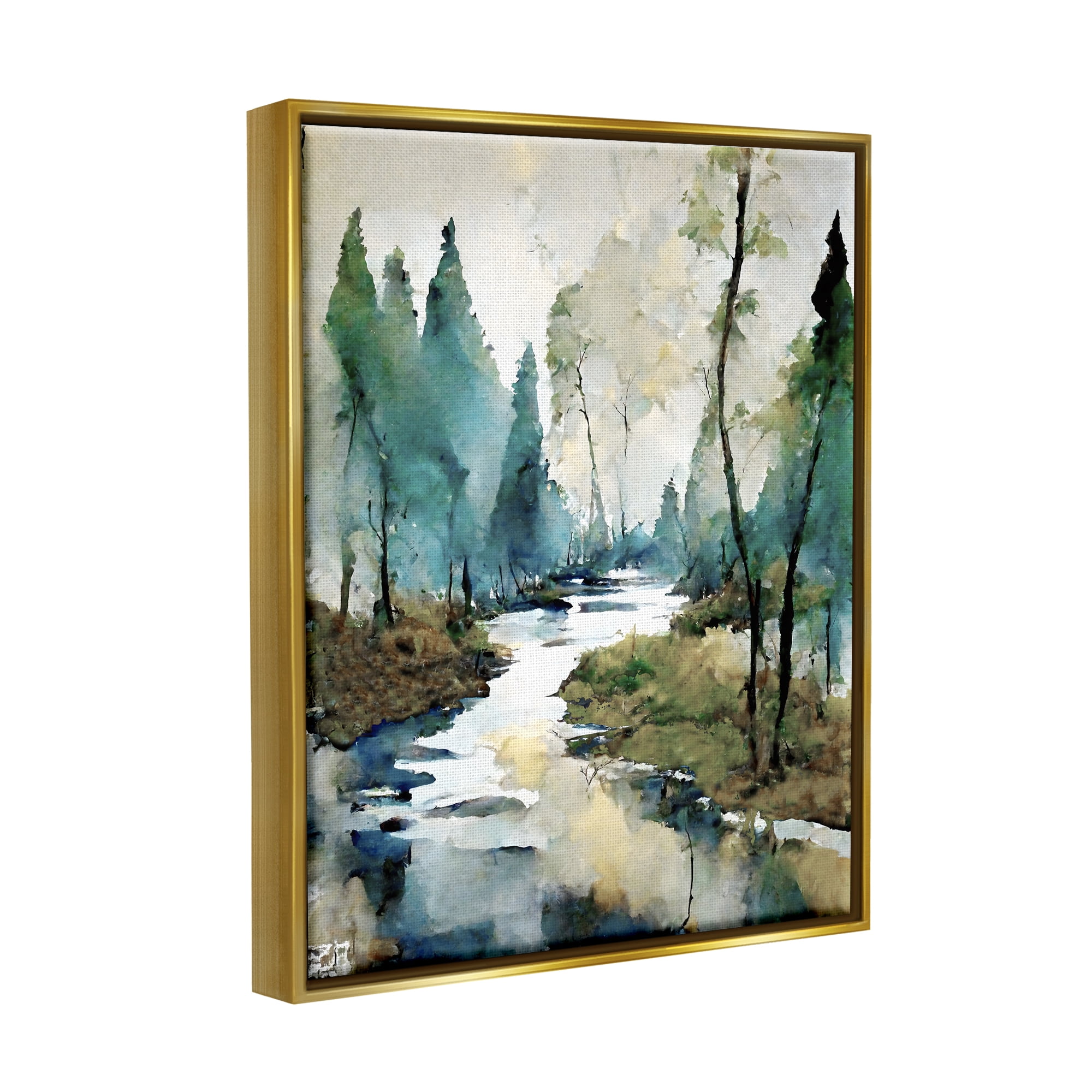 Stupell Industries Watercolor Creek Landscape Landscape Painting Gold Floater Framed Canvas Art Print Wall Art, 25 x 31