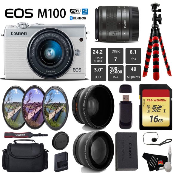 Canon EOS M100 Mirrorless Digital Camera (White) with 15-45mm Lens + UV FLD CPL Filter Kit + Wide Angle & Telephoto Lens + Camera Case + Tripod + Card Reader - Intl Model