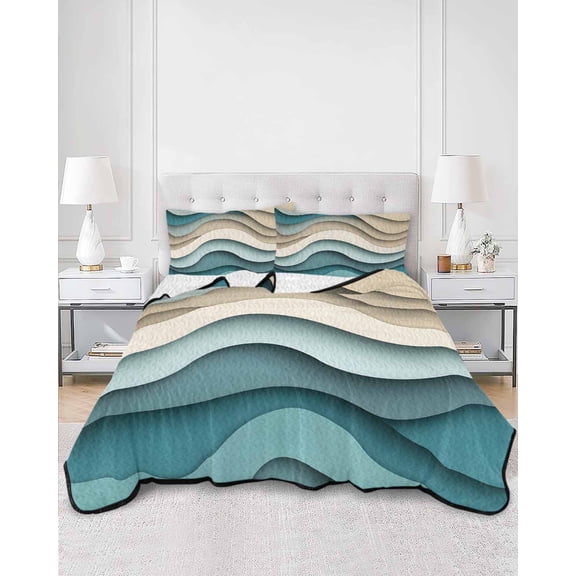 Quilts Queen Size, Teal Beige Ombre Soft Comforter Bedding Set for Bed, Moire Modern Abstract Art Geometric Lightweight Quilted Bedspread with Pillow Cover(2 Pieces) for All Season, 90x96 Inch